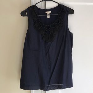Navy sleeveless J.Crew top with bib neckline